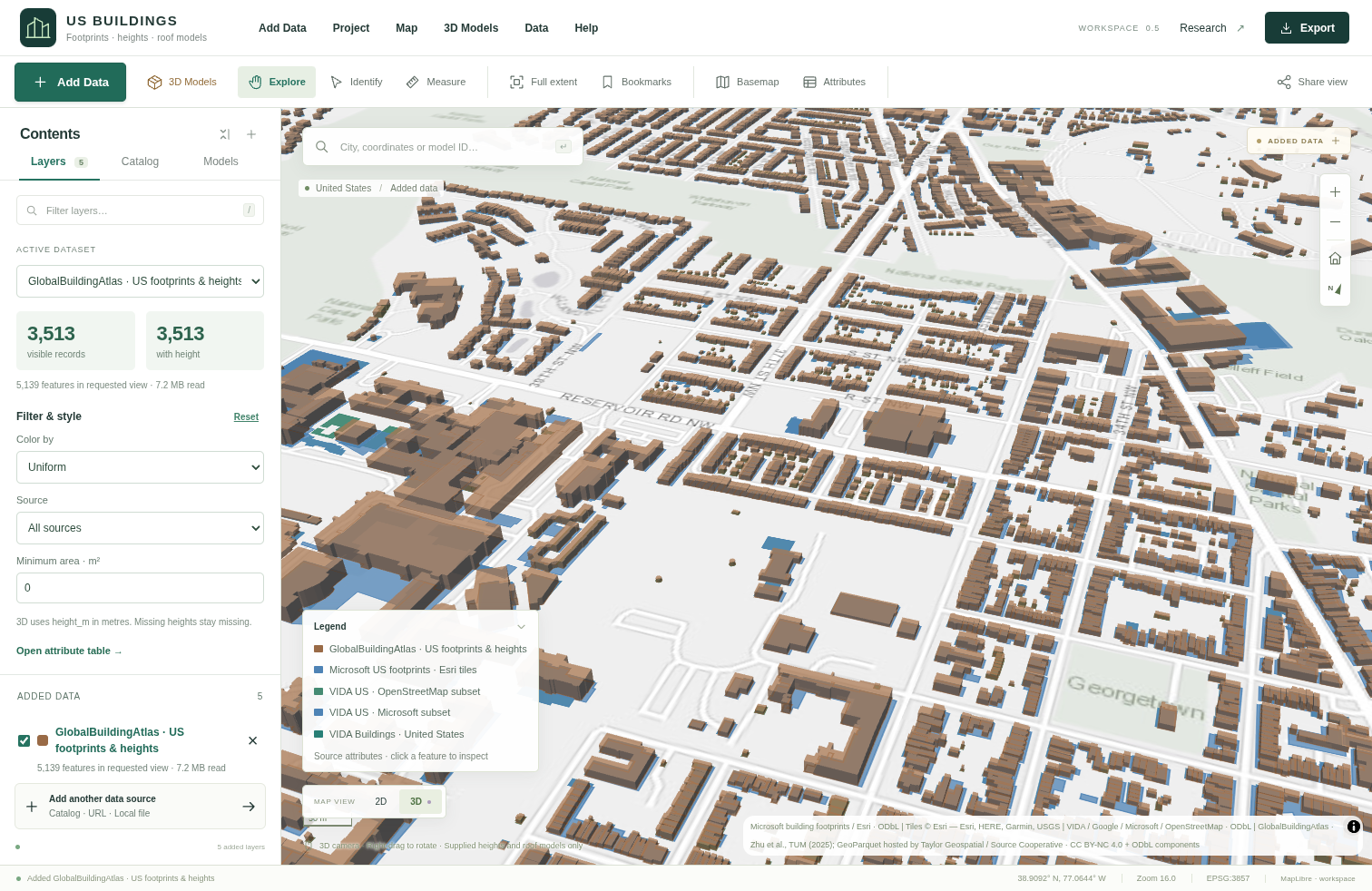 US Buildings browser GIS with a map, data layers and geospatial tools
