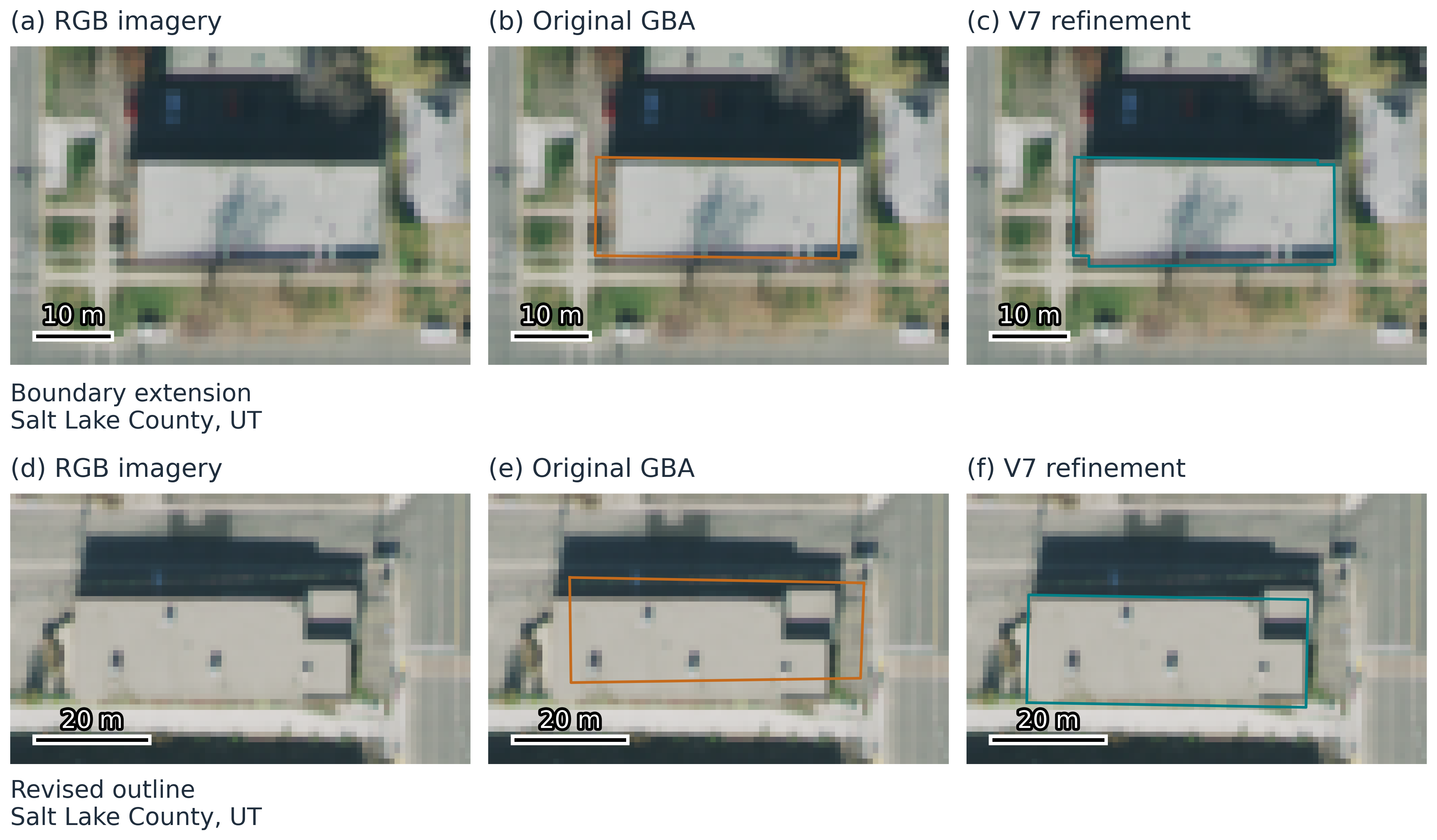 Selected local boundary revisions comparing original GBA with scientific V7 on the same imagery